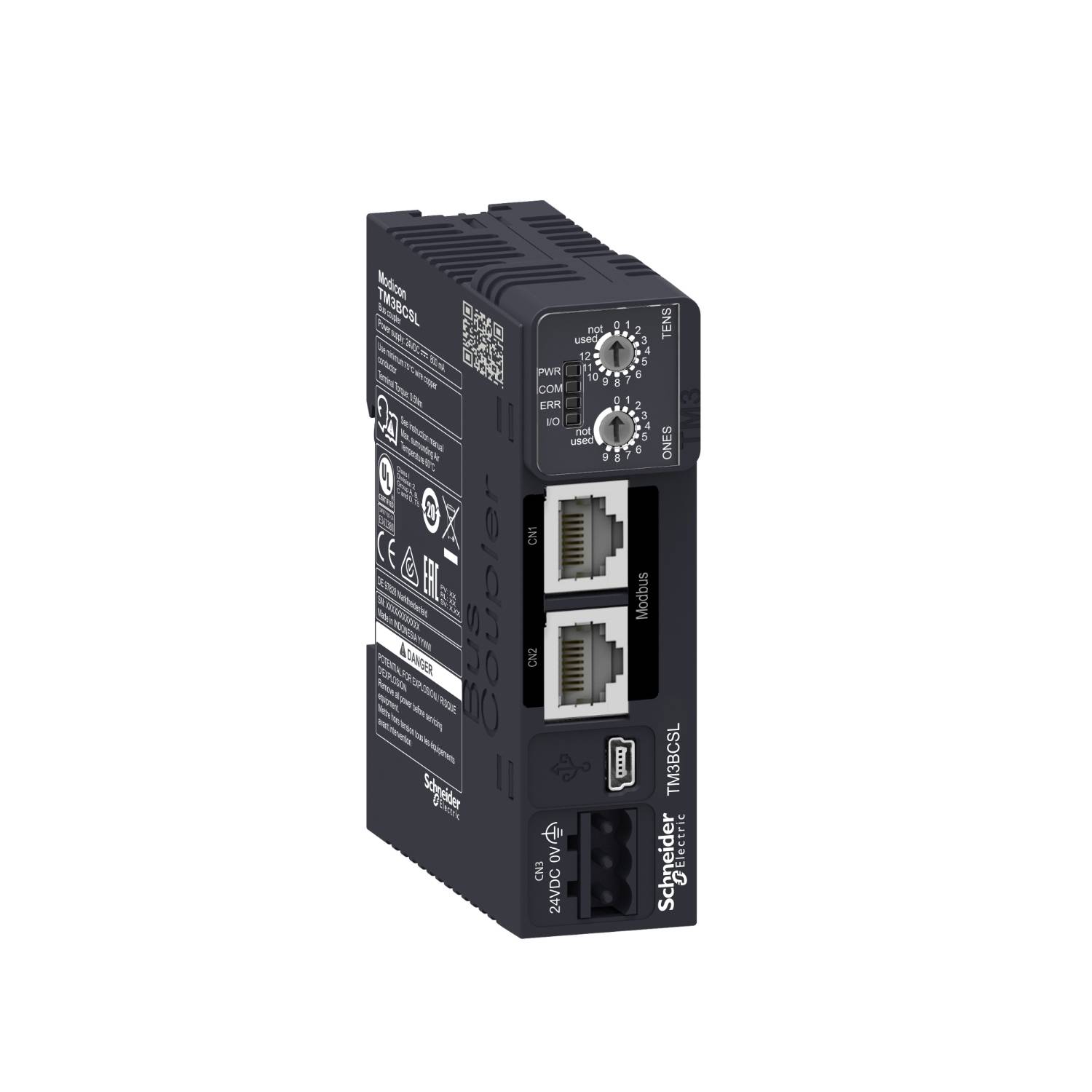 Un dispositivo di controllo industriale nero di Schneider Electric con due porte Ethernet e manopole di configurazione.