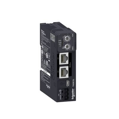 Un dispositivo di controllo industriale nero di Schneider Electric con due porte Ethernet e manopole di configurazione.