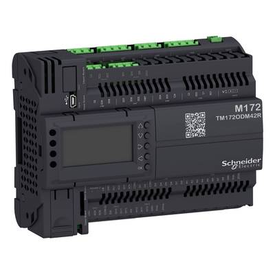 Controller logico programmabile con display e connettori verdi. Contrassegnato con 'M172 TM172ODM42R Schneider Electric'.