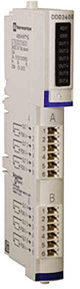 Un modulo elettronico bianco, verticale, con marcatura blu e diversi morsetti di connessione, probabilmente un'unità di controllo.