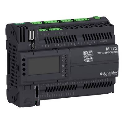 Dispositivo di programmazione industriale M172 di Schneider Electric con connessione USB, display digitale e diversi morsetti di collegamento.