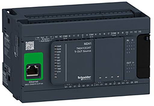 Dispositivo di automazione industriale di Schneider Electric, modello TM241CE24T. Comprende connessione Ethernet e numerosi ingressi/uscite.