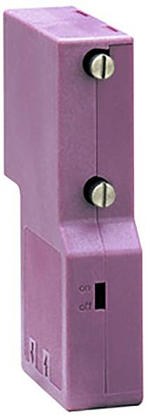 Un componente elettrico rettangolare rosa con due viti in alto. Il lato ha un interruttore con 'on' e 'off'.