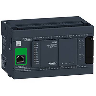 Un controller logico Modicon M241 nero di Schneider Electric con interfacce Ethernet e CANopen per il controllo industriale.