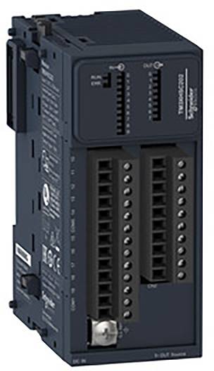 Un dispositivo elettronico nero con diversi connettori, contrassegnato con 'Schneider Electric'. Ha indicatori LED e interruttori sulla parte superiore.
