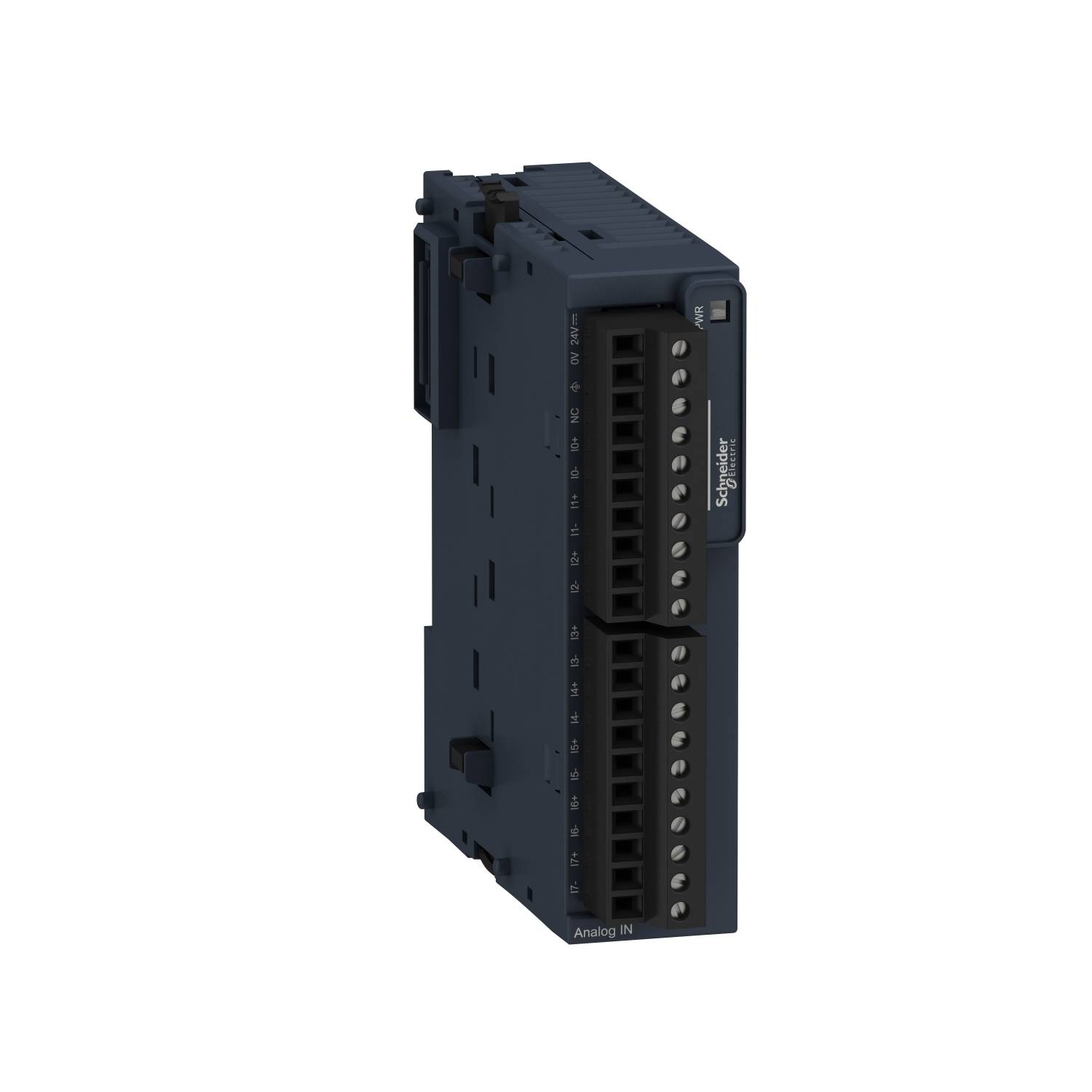 Un modulo elettrico nero con l'etichetta 'Schneider Electric'. Dispone di diversi morsetti sulla parte anteriore.