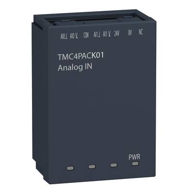 Un componente elettronico rettangolare scuro con la scritta 'TMC4PACK01 Analog IN'; diversi connettori nella parte superiore e indicatori LED nella parte inferiore.