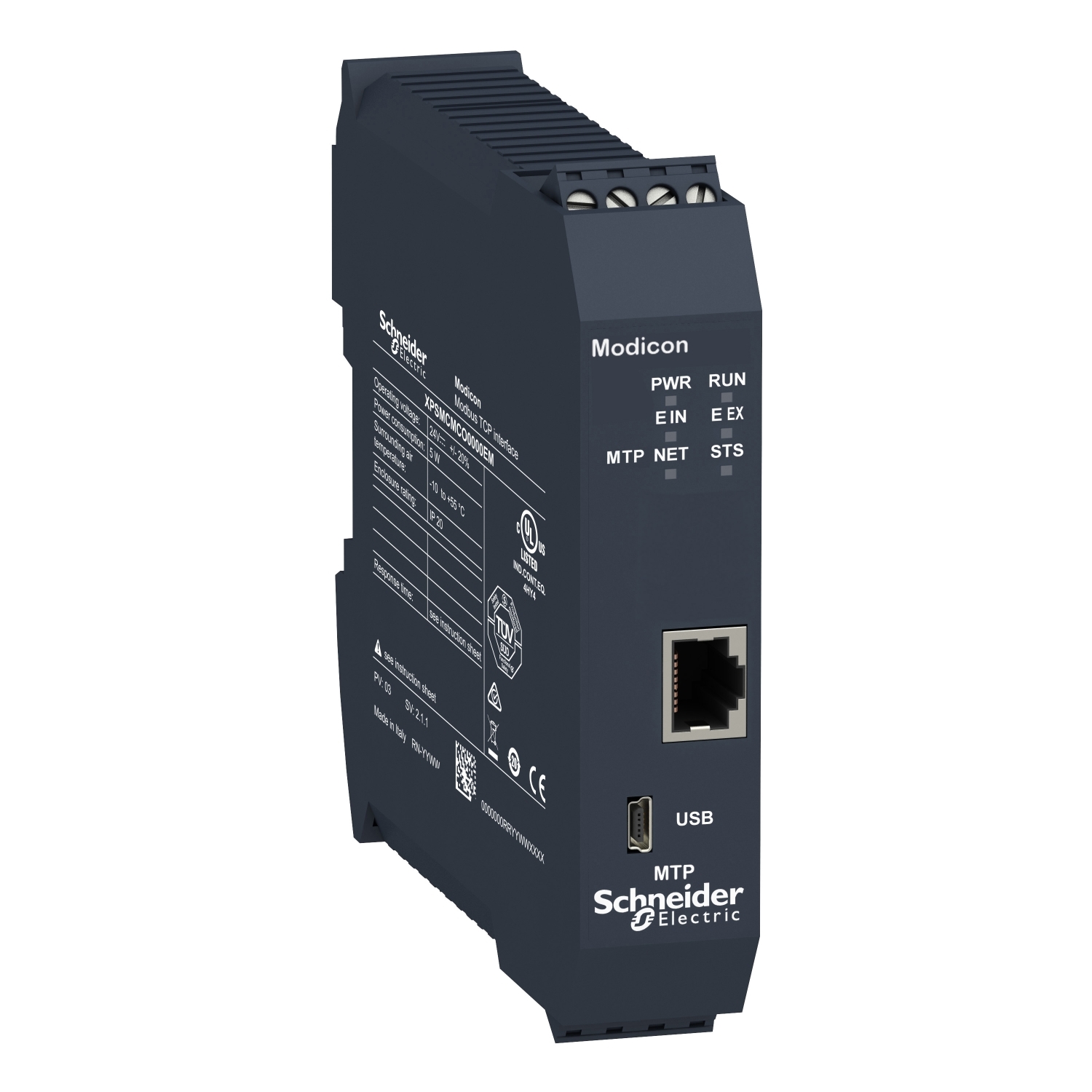 Un dispositivo di controllo Modicon di Schneider Electric con connessioni per alimentazione, USB e rete.
