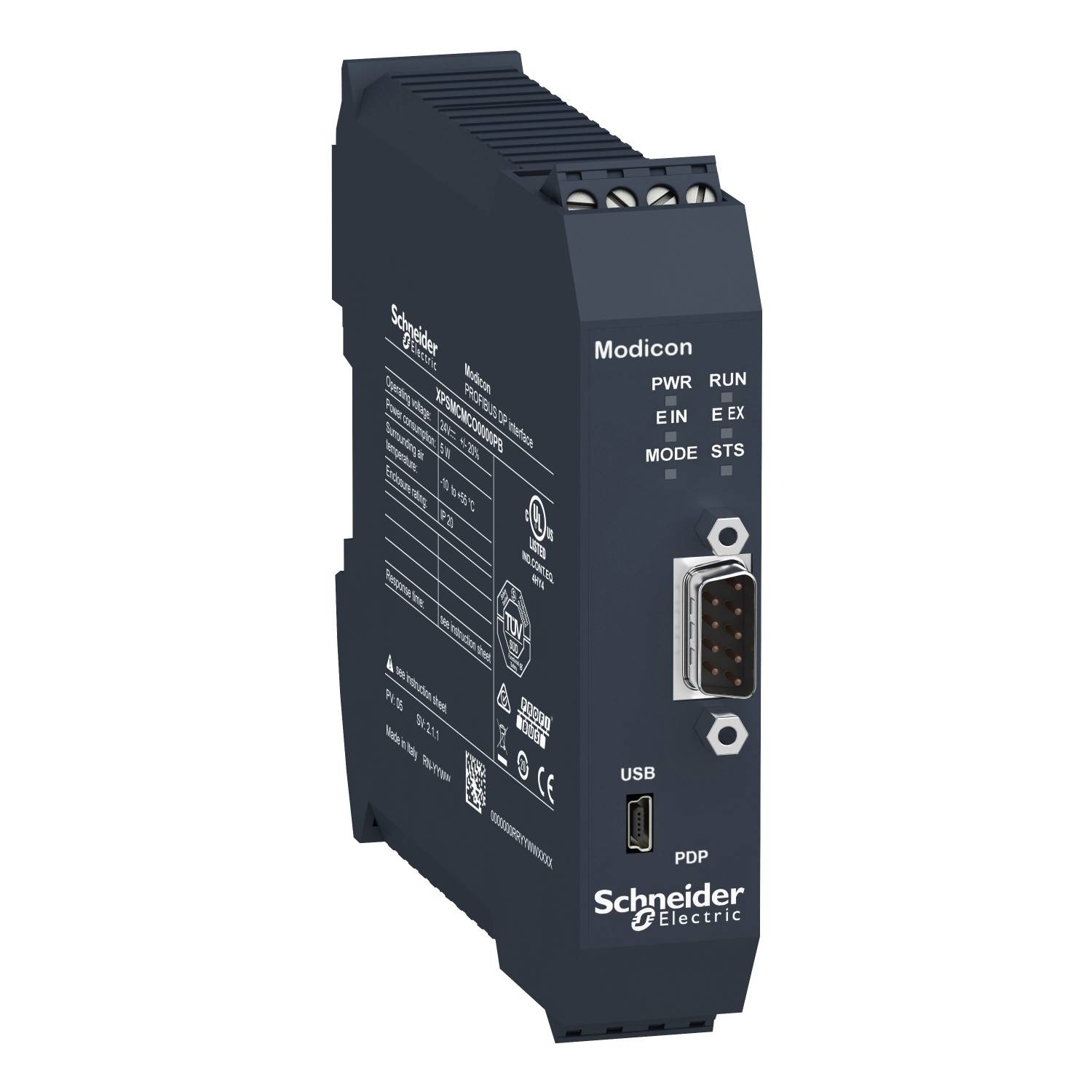 Dispositivo elettronico di Schneider Electric, modello Modicon. Presenta connessioni USB e PDP, nonché indicatori di funzionamento e stato.