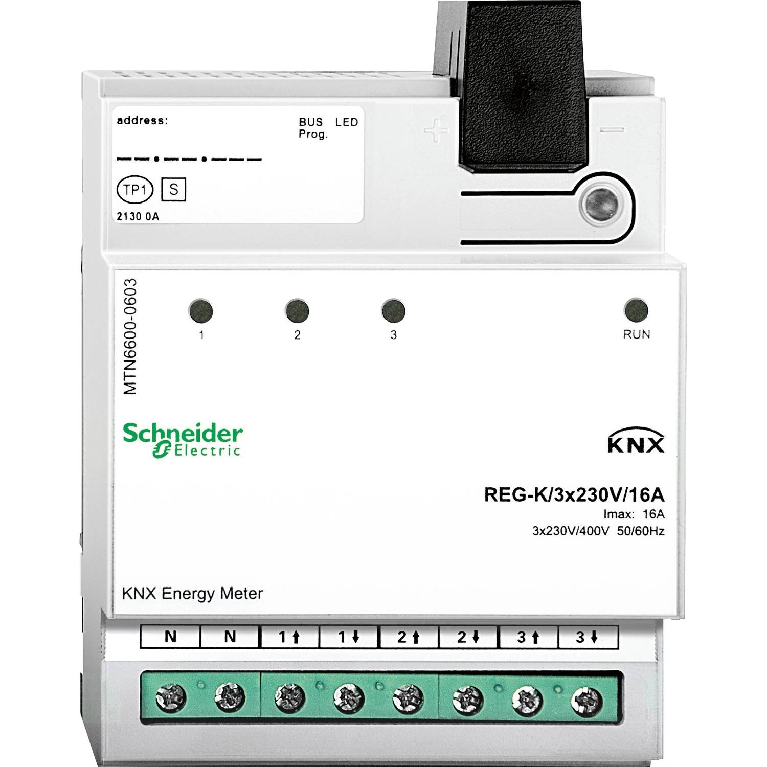 Un contatore energetico KNX di Schneider Electric con 4 ingressi per il consumo energetico in reti trifase 3x230V/16A.