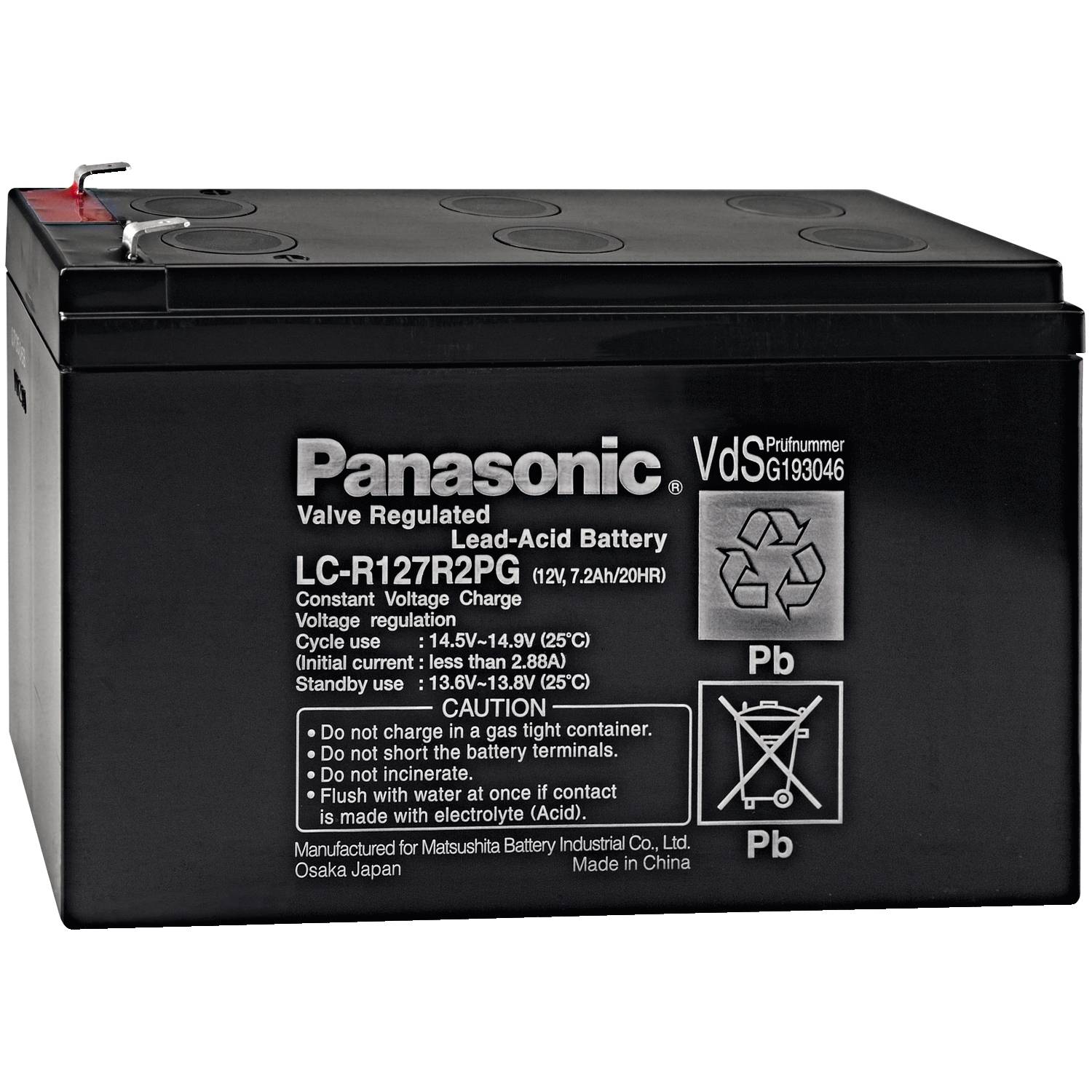 'Batteria al piombo-acido Panasonic, LC-R127R2PG, 12V, 7,2Ah, regolata da valvola, con avvertenze e simboli sul lato anteriore.'