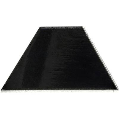 'Oggetto nero a forma di trapezio con bordi metallici lucenti, fotografato dall'alto.'