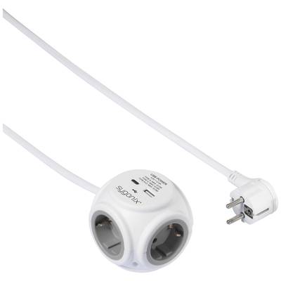 Un multipresa bianco e rotondo con un cavo di alimentazione, tre prese elettriche e due porte USB, adatto per dispositivi elettronici.