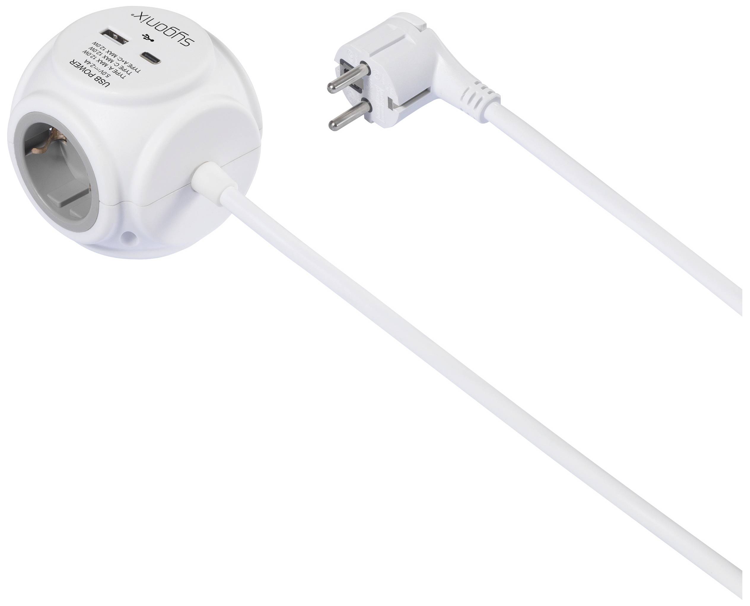 Una presa elettrica bianca, rotonda, con cavo e spina angolata, adatta per il collegamento di dispositivi elettrici.