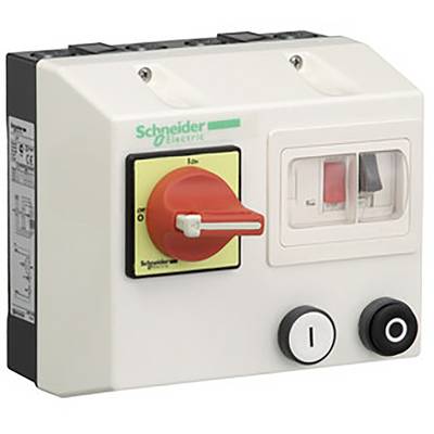 Dispositivo di comando con interruttore rotativo rosso e tasti bianchi. Etichettatura: 'Schneider Electric'. Utilizzato in applicazioni elettriche.