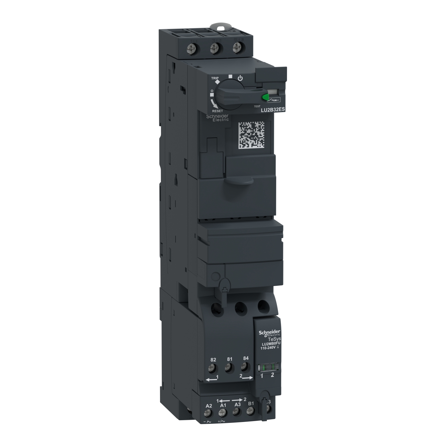 Un interruttore industriale nero di Schneider Electric con codice QR e indicatore verde sul lato frontale, in orientamento verticale.