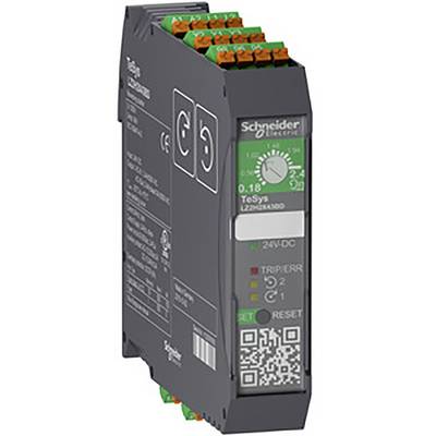 Relè di protezione elettrico Schneider Electric con marchio CE, manopola di regolazione verde e scritta 'TeSys'. Adatto per 24V-DC.