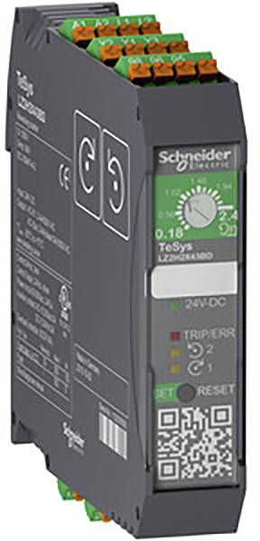 Modulo dispositivo elettronico di Schneider Electric con connessioni verdi e arancioni. Il display mostra informazioni di controllo e stato.