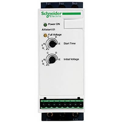 Dispositivo Schneider Electric Altistart 01 con comandi per 'Tempo di avviamento' e 'Tensione iniziale'. Indicatori per 'Accensione' e 'Tensione piena'.