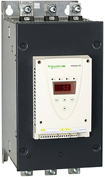 Un avviatore progressivo Schneider Electric Altistart 22, vista frontale. Ha un display digitale per il controllo e diversi morsetti di connessione.