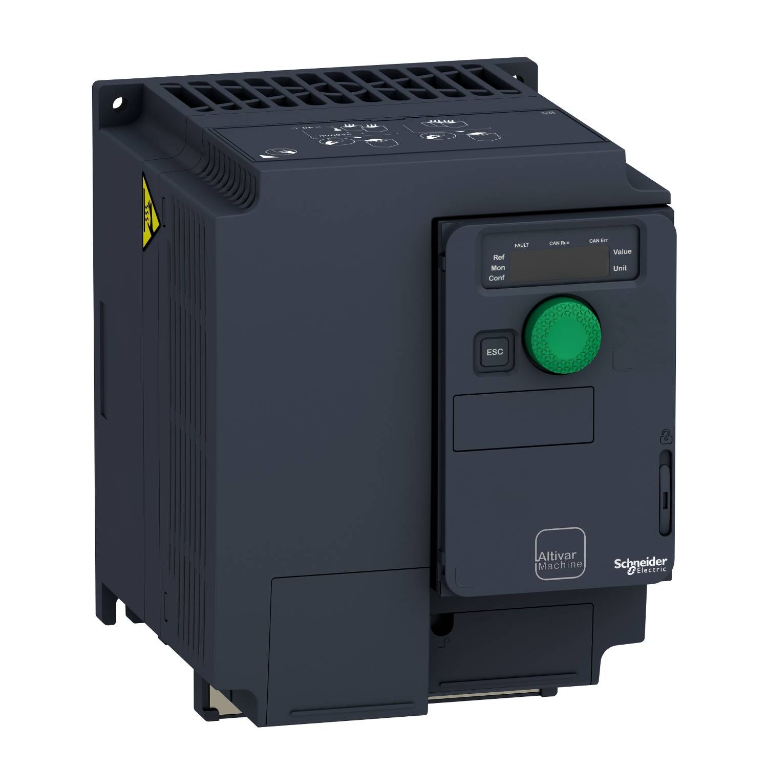 Inverter di frequenza nero con tasto verde e display digitale di Schneider Electric, utilizzato per il controllo del motore.