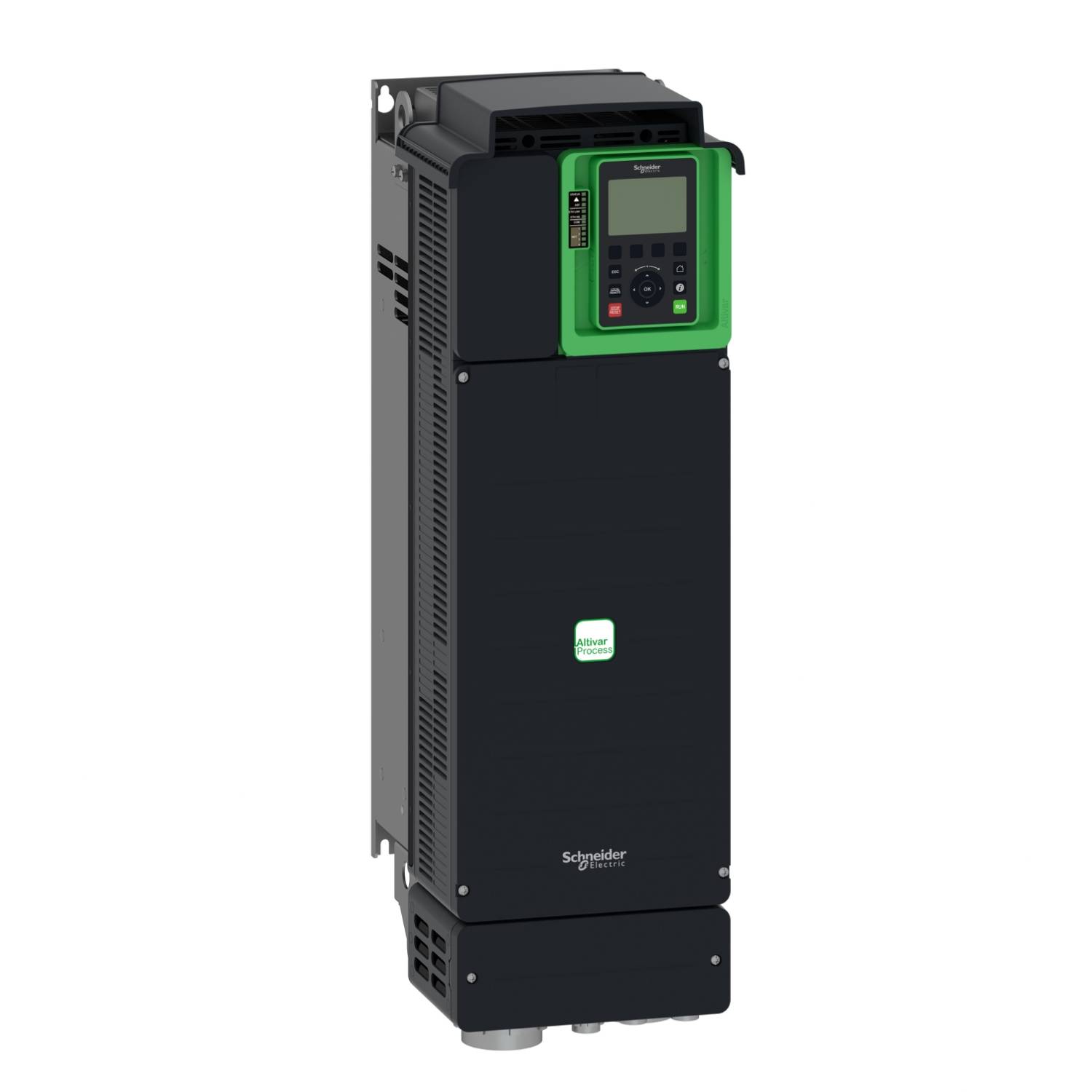 Un convertitore di frequenza industriale nero con pannello di controllo e display verde, per il controllo dei motori delle macchine nell'automazione.