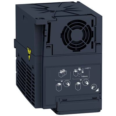 Un dispositivo elettrico nero con fessure di ventilazione e un ventilatore nella parte superiore. I simboli sul lato anteriore mostrano indicazioni di connessione.