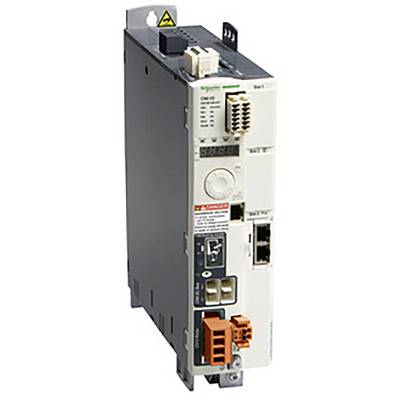 Convertitore di frequenza industriale. Involucro nero con diversi attacchi e spie di controllo. Marchio di 'Schneider Electric'.