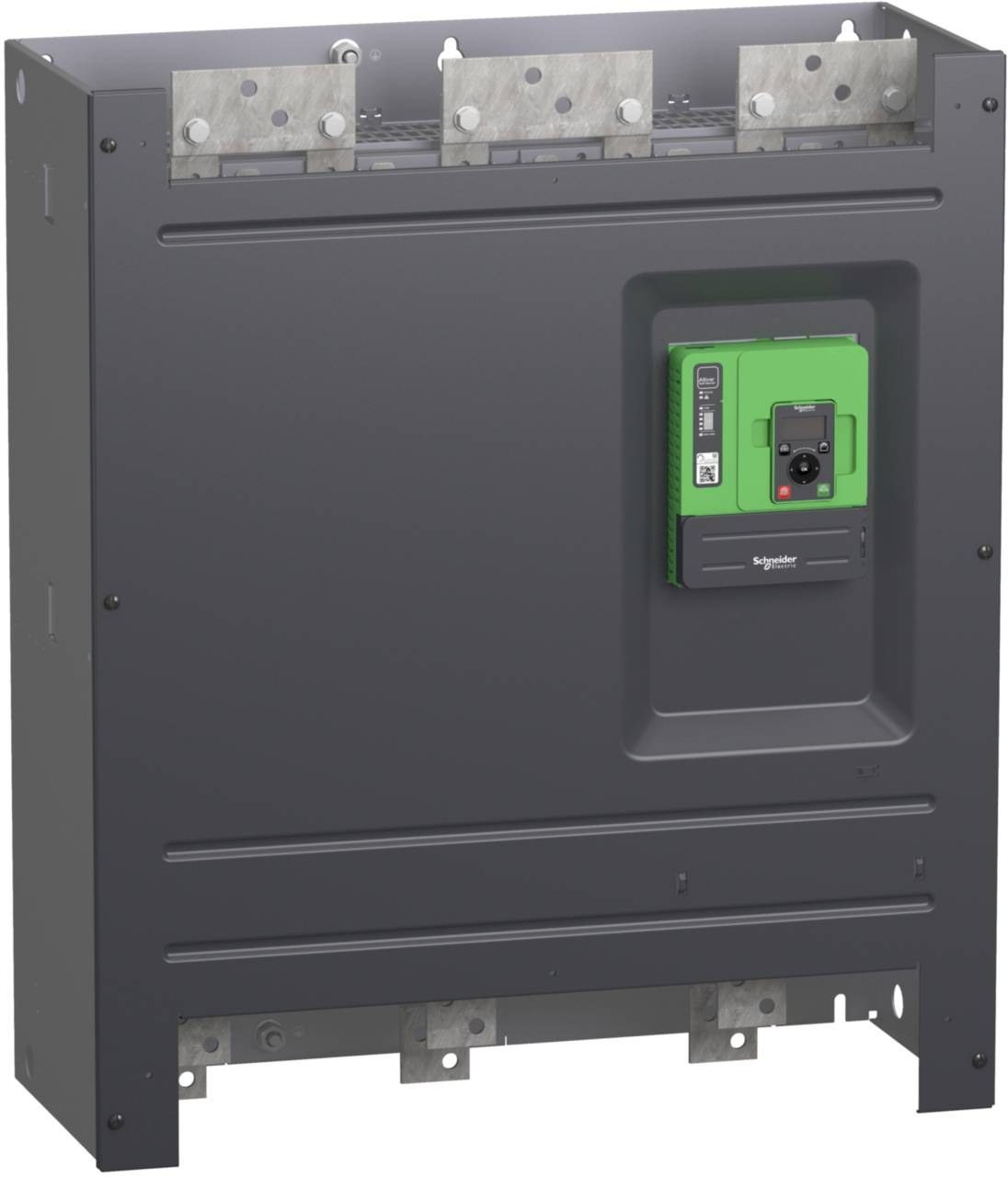 'Un modulo per quadro elettrico con un pannello di controllo e indicazione di potenza verde sul lato frontale. Design industriale.'