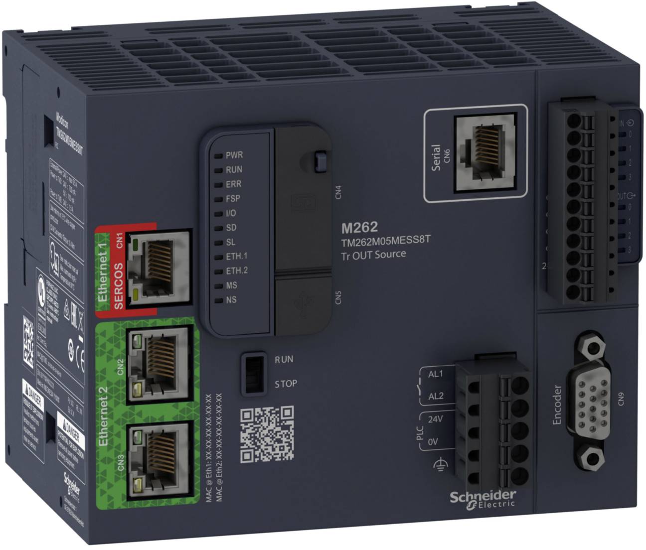 Un modulo di controllo industriale nero di Schneider Electric, modello M262, con multiple interfacce Ethernet e seriali.