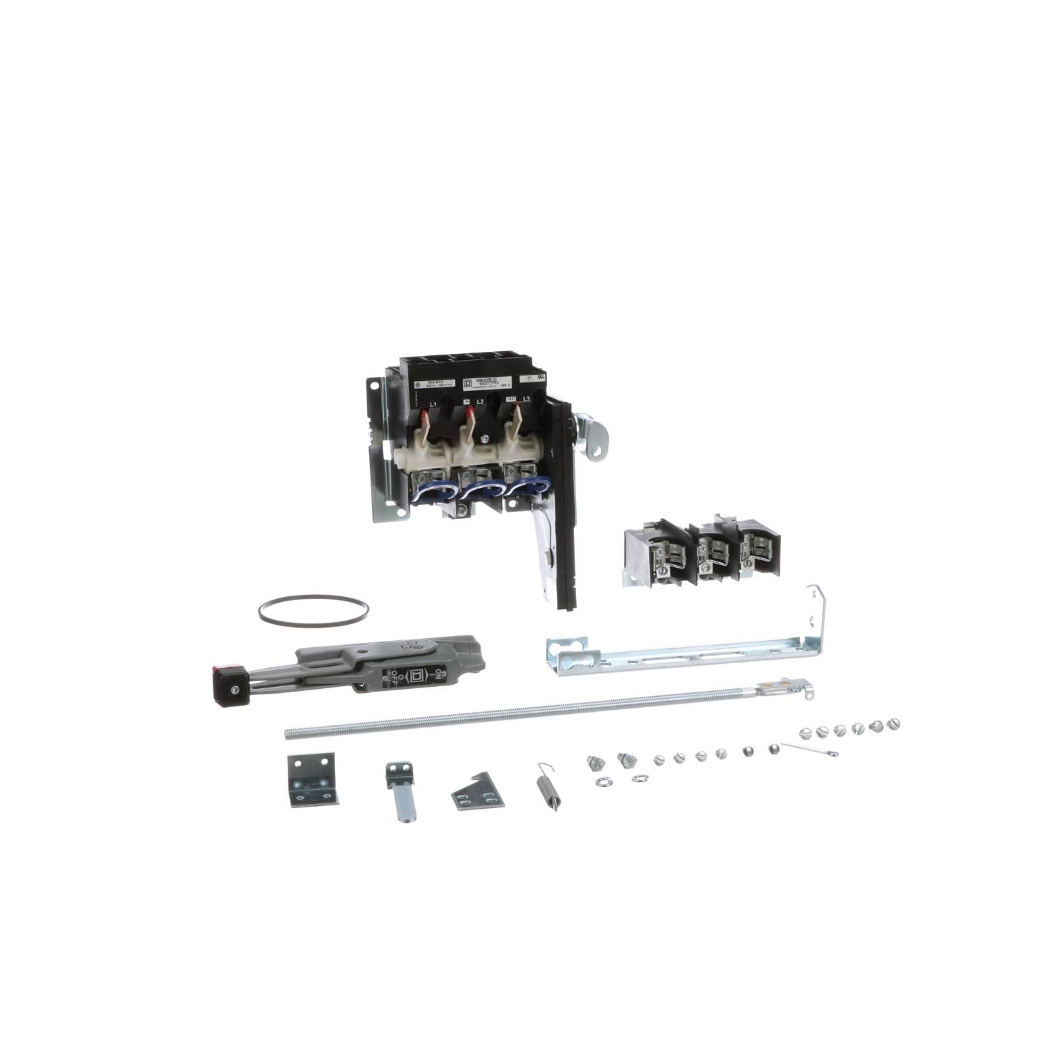 Set di interruttori elettrici con diversi componenti, tra cui interruttori, materiale di fissaggio e piccoli ricambi su sfondo bianco.