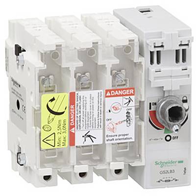 Un interruttore di carico tripolare di Schneider Electric con avvertenze e una manopola per l'accensione e lo spegnimento.