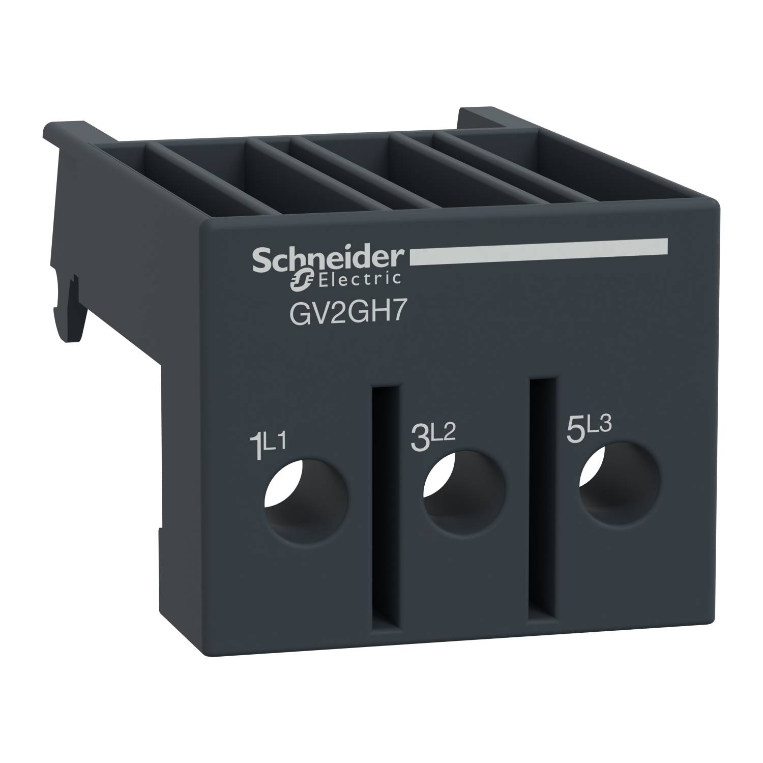 Blocco di connessione con tre slot, ciascuno per le fasi 1L1, 3L2 e 5L3. Contrassegnato con 'Schneider Electric GV2GH7'.