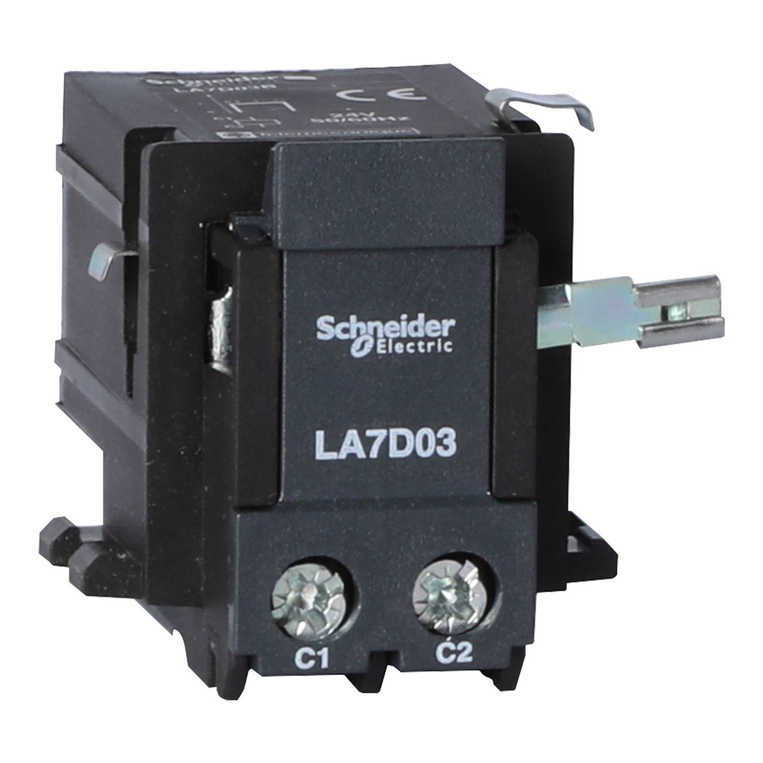 Un interruttore nero Schneider Electric con la scritta 'LA7D03', mostra i morsetti C1 e C2 sul lato frontale.