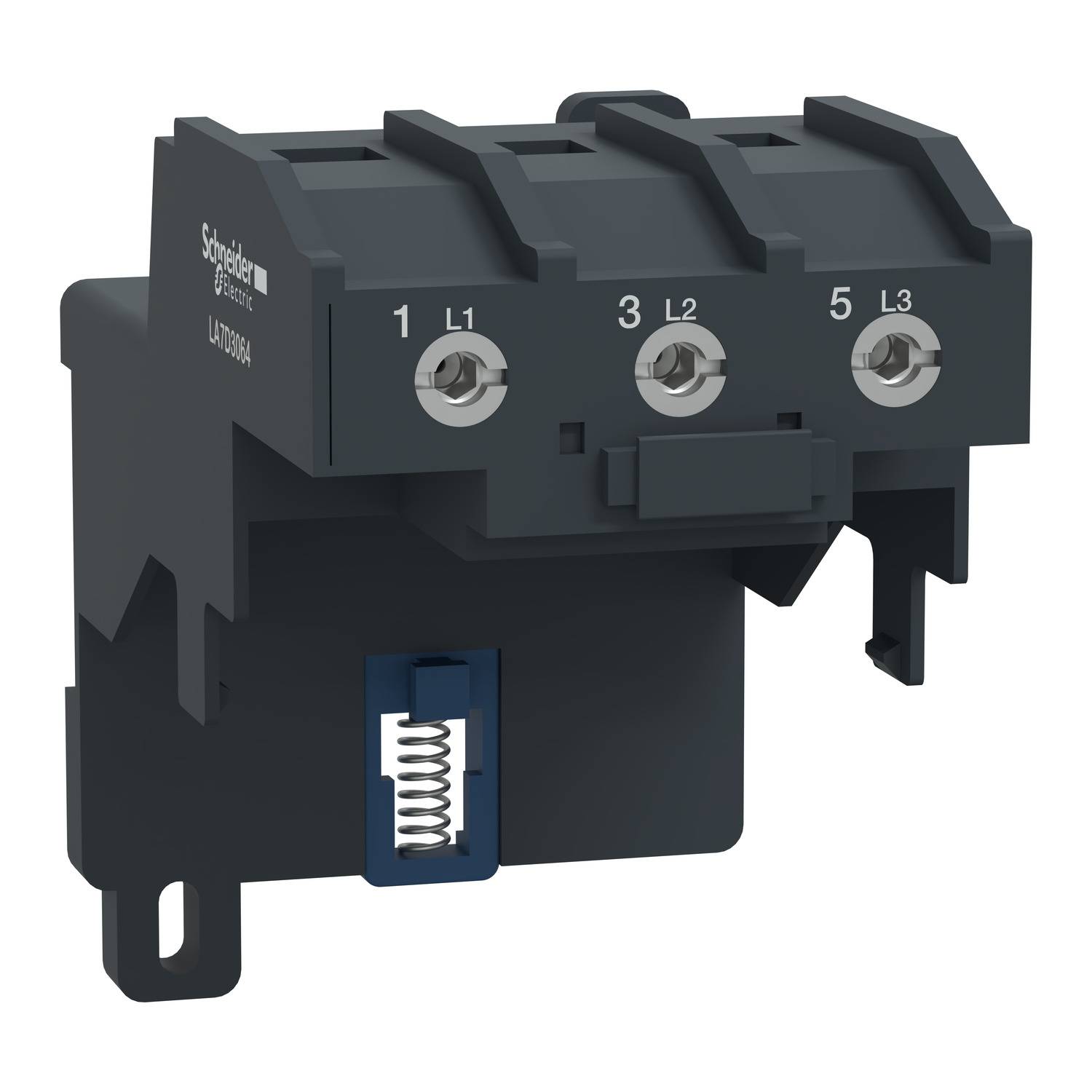 Componente elettrica nera con tre morsetti numerati '1 L1', '3 L2', '5 L3' di Schneider Electric.