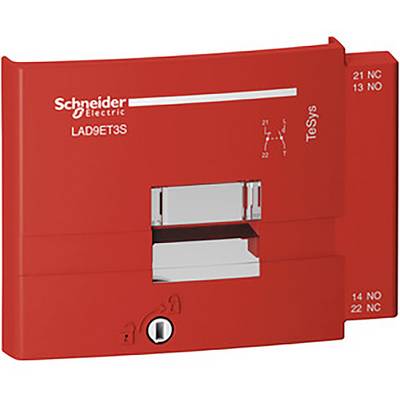 Accessori di protezione rossi di Schneider Electric, modello LAD9ET3S, con etichettatura e due interruttori identificabili.