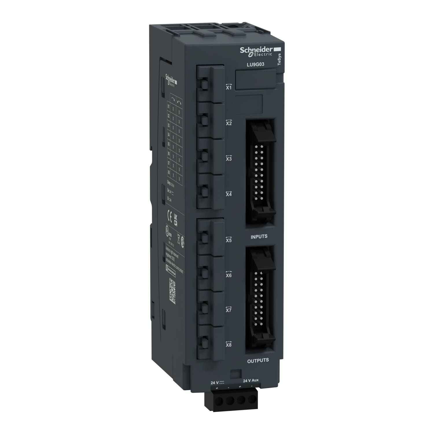 Componente elettronica nera di Schneider Electric, numero di modello LUB12. Dispone di diversi morsetti per ingressi e uscite.