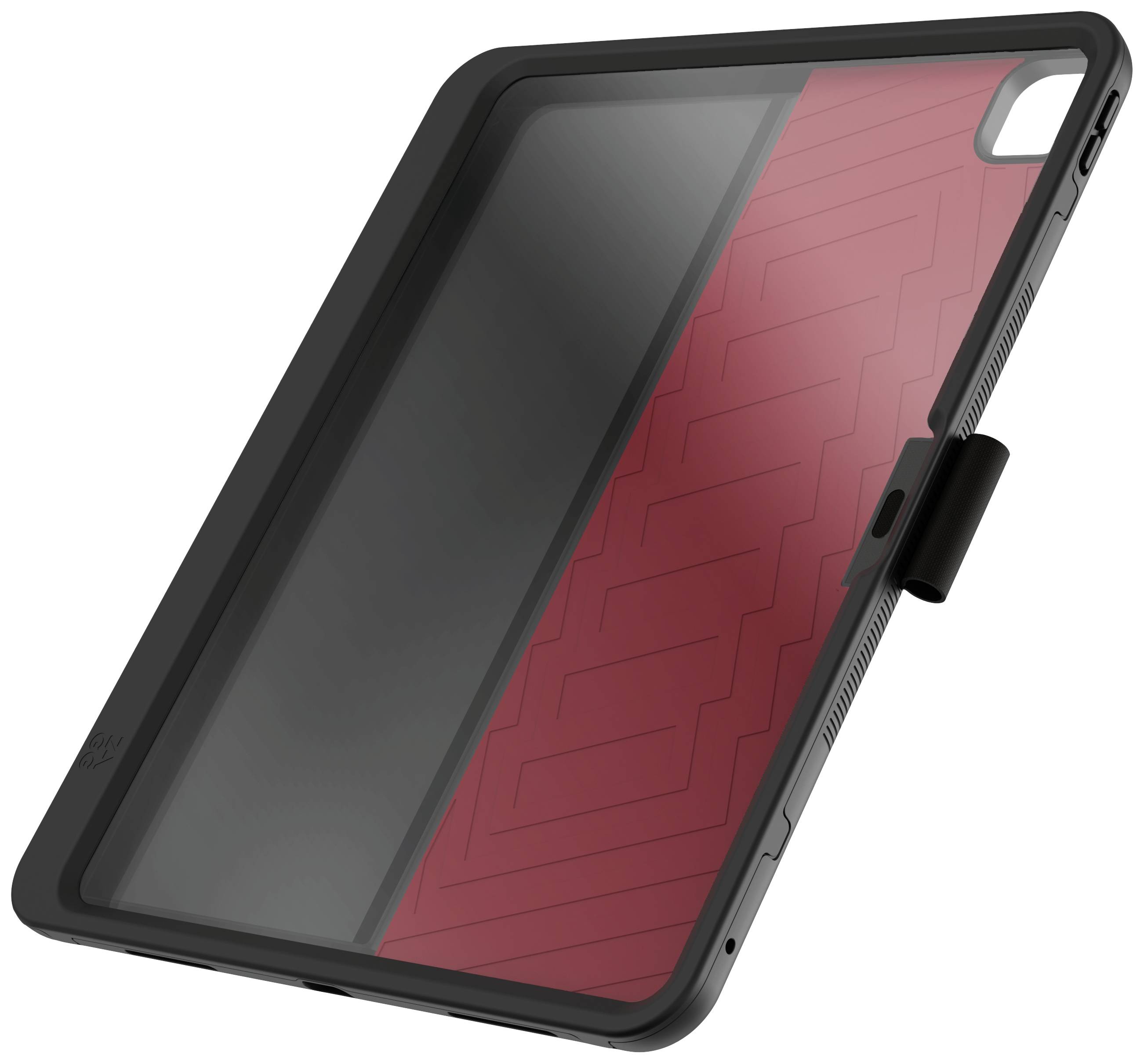 Cover protettiva per tablet con bordo nero, interno rosso e design elegante e strutturato.