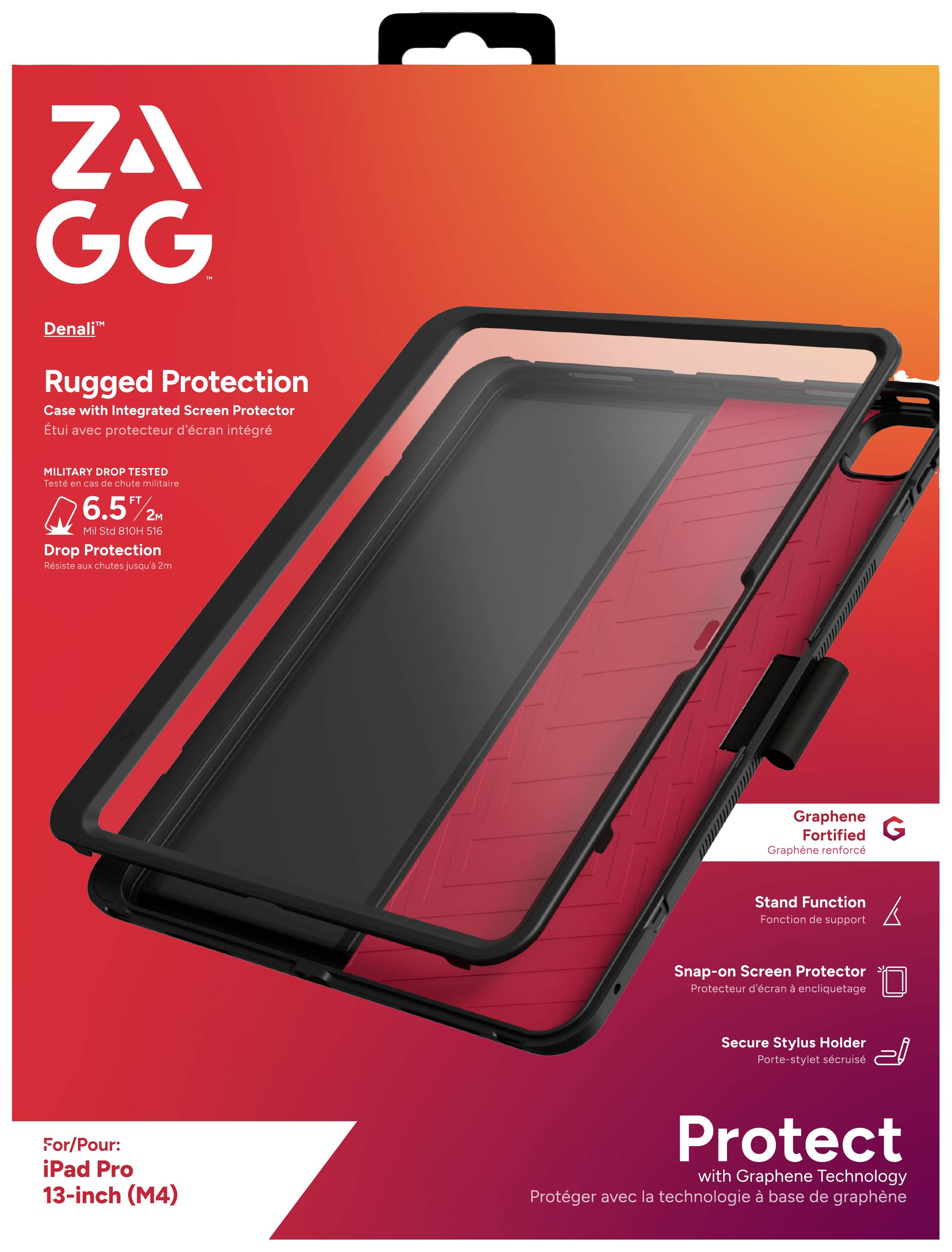Custodia 'ZAGG Denali' per iPad Pro 13 pollici con protezione integrata per lo schermo, offre una protezione robusta e resistenza agli urti fino a 2 metri di caduta.