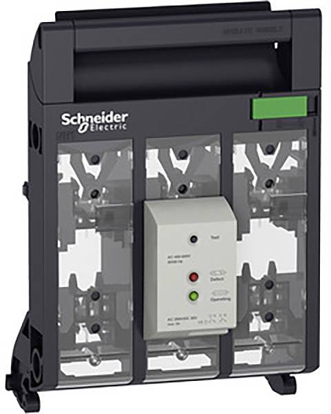 Un interruttore elettrico di potenza Schneider Electric con tre camere di interruzione e indicatori di controllo per lo stato di funzionamento.