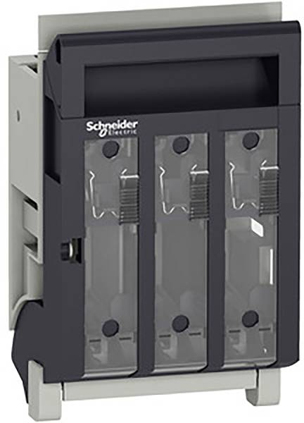 Interruttore elettrico in un alloggiamento, con tre coperture trasparenti per fusibili o morsetti, marca Schneider Electric.
