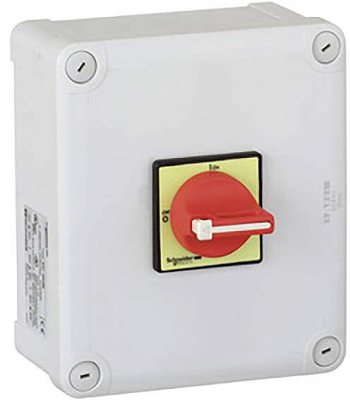 Pannello di controllo bianco con interruttore rotativo rosso al centro, sottolineato in giallo, per l'isolamento del circuito elettrico.