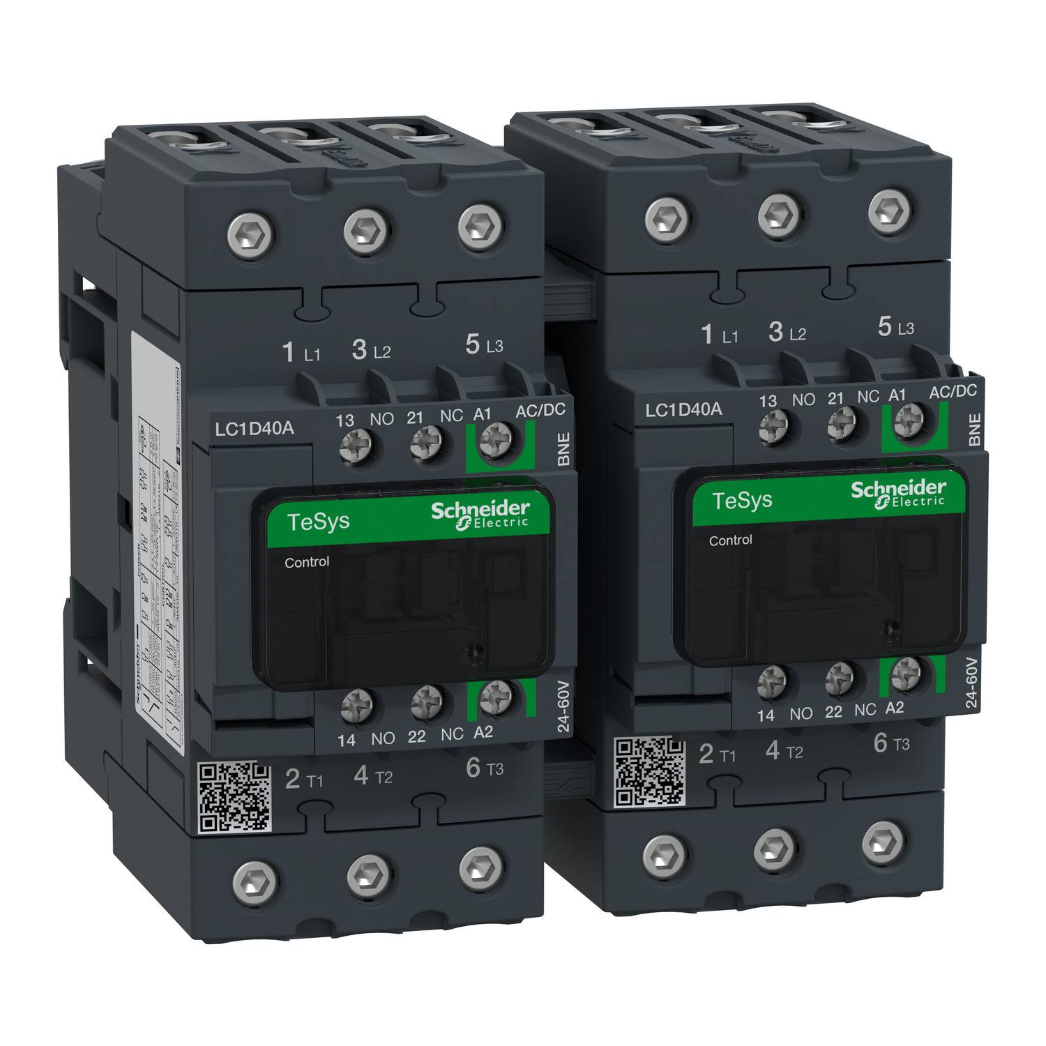 Dispositivi industriali di comando di Schneider Electric. Due contattori TeSys-D con numero di modello LC1D40A, idonei per applicazioni di comando motore.
