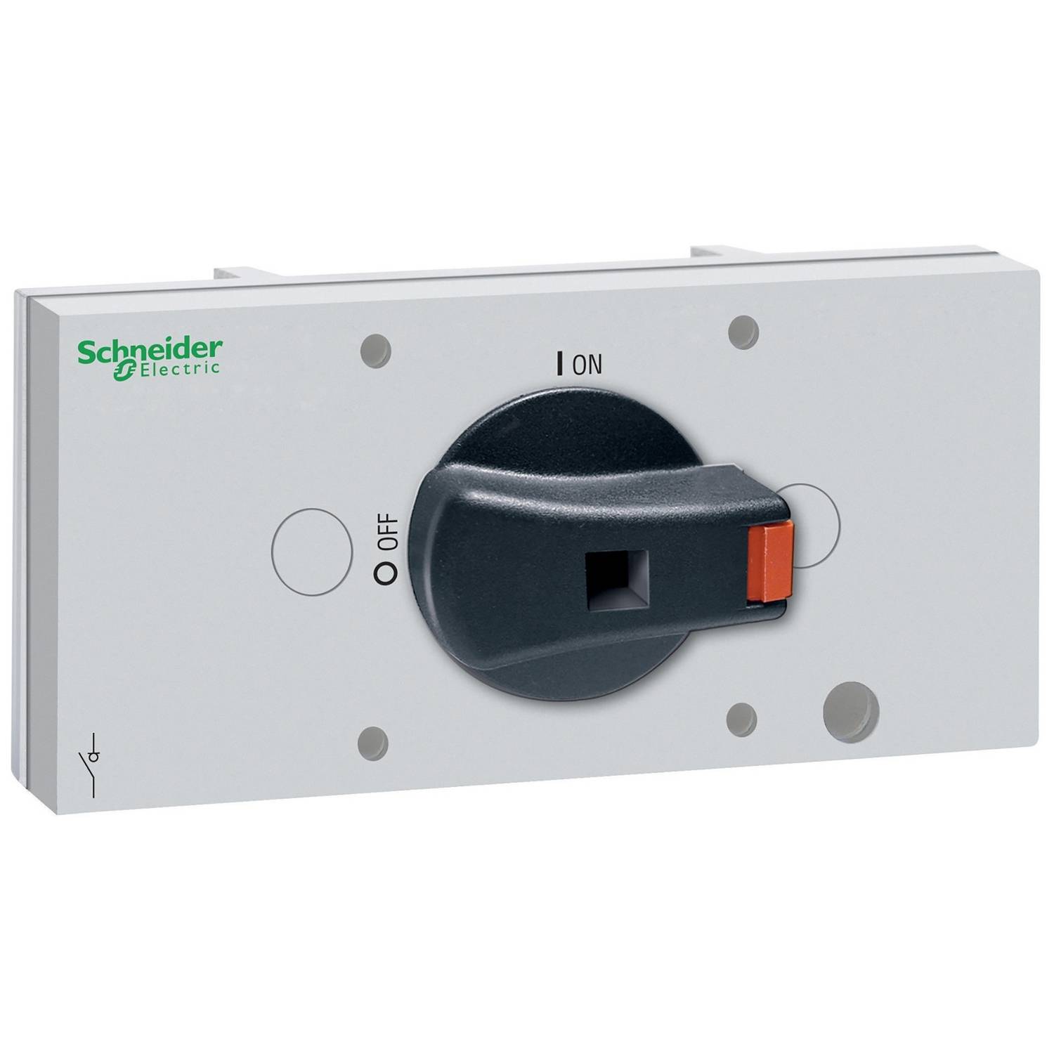 Un interruttore elettrico di Schneider Electric con un grande pulsante nero ruotabile che passa tra le posizioni 'ON' e 'OFF'.