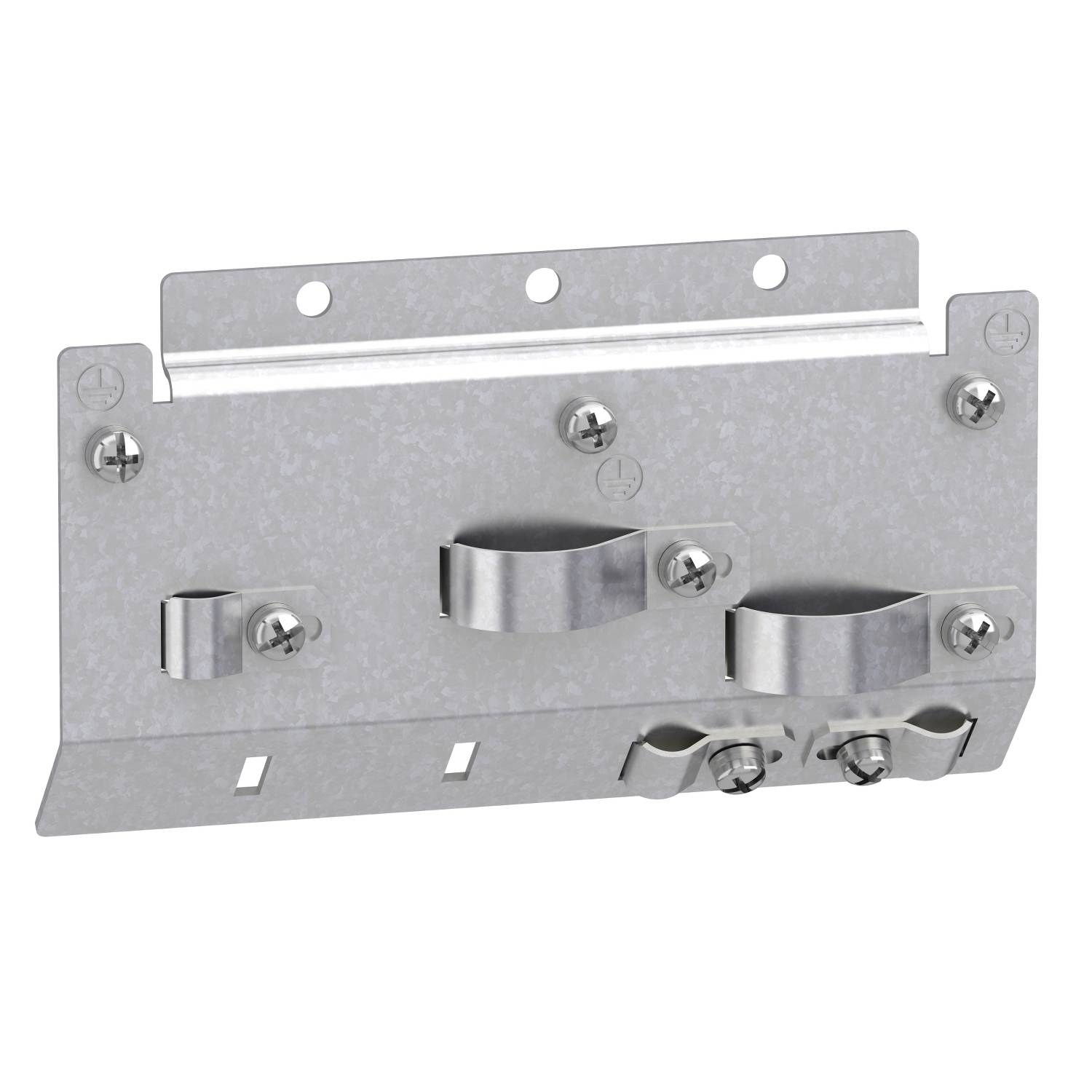 Supporto metallico con due clip circolari per il fissaggio a parete. Presenta fori per viti che consentono un montaggio sicuro.