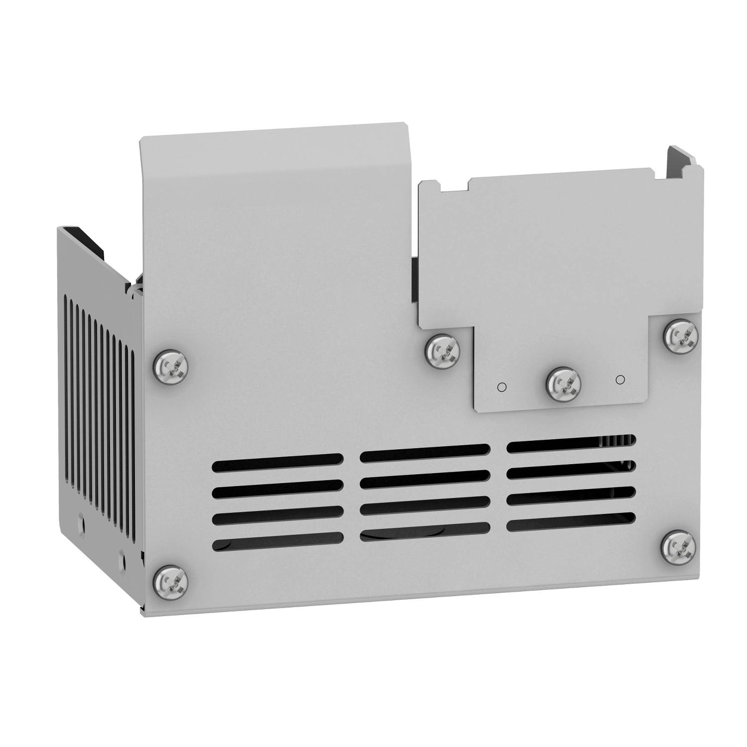 Un componente metallico grigio, rettangolare, con fessure di ventilazione e diversi bulloni, probabilmente parte di un dispositivo tecnico.