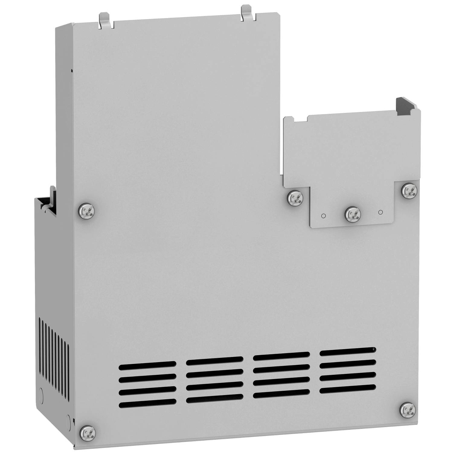 Un dispositivo elettronico grigio, rettangolare con fessure di ventilazione e viti fissate che trattengono un coperchio.