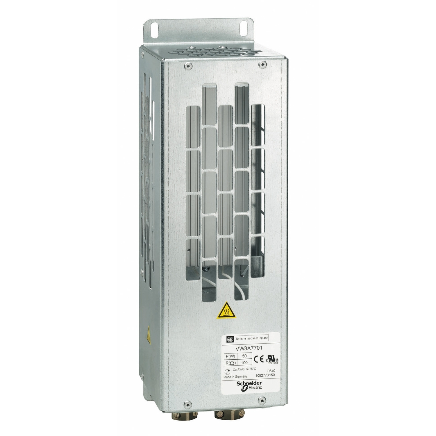 Un filtro rettangolare per armadio elettrico di Schneider Electric, modello VW3A7701, con feritoie di ventilazione e avviso di sicurezza.