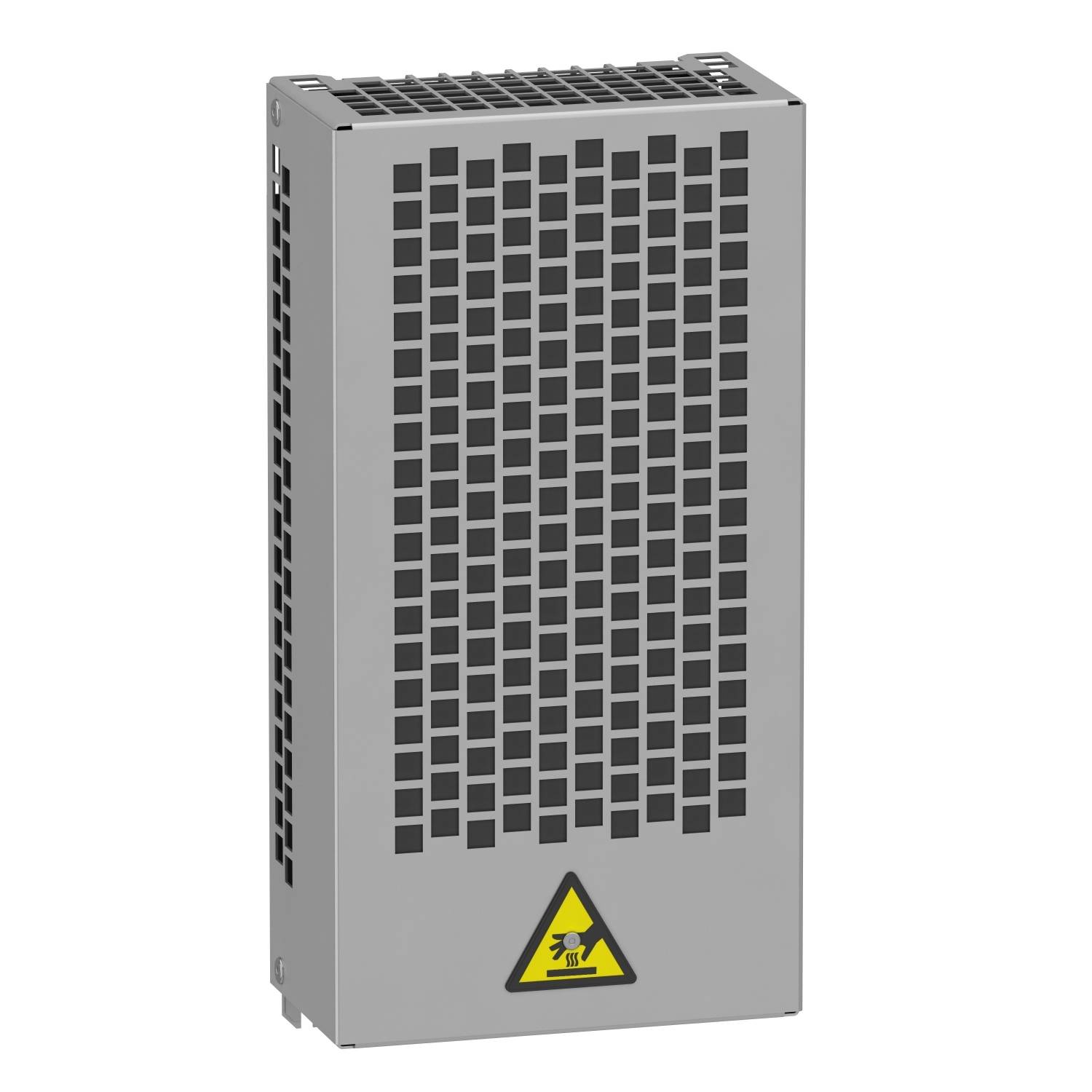 Involucro metallico con fessure di ventilazione quadrate e un cartello triangolare di avvertenza per pericoli elettrici in basso.
