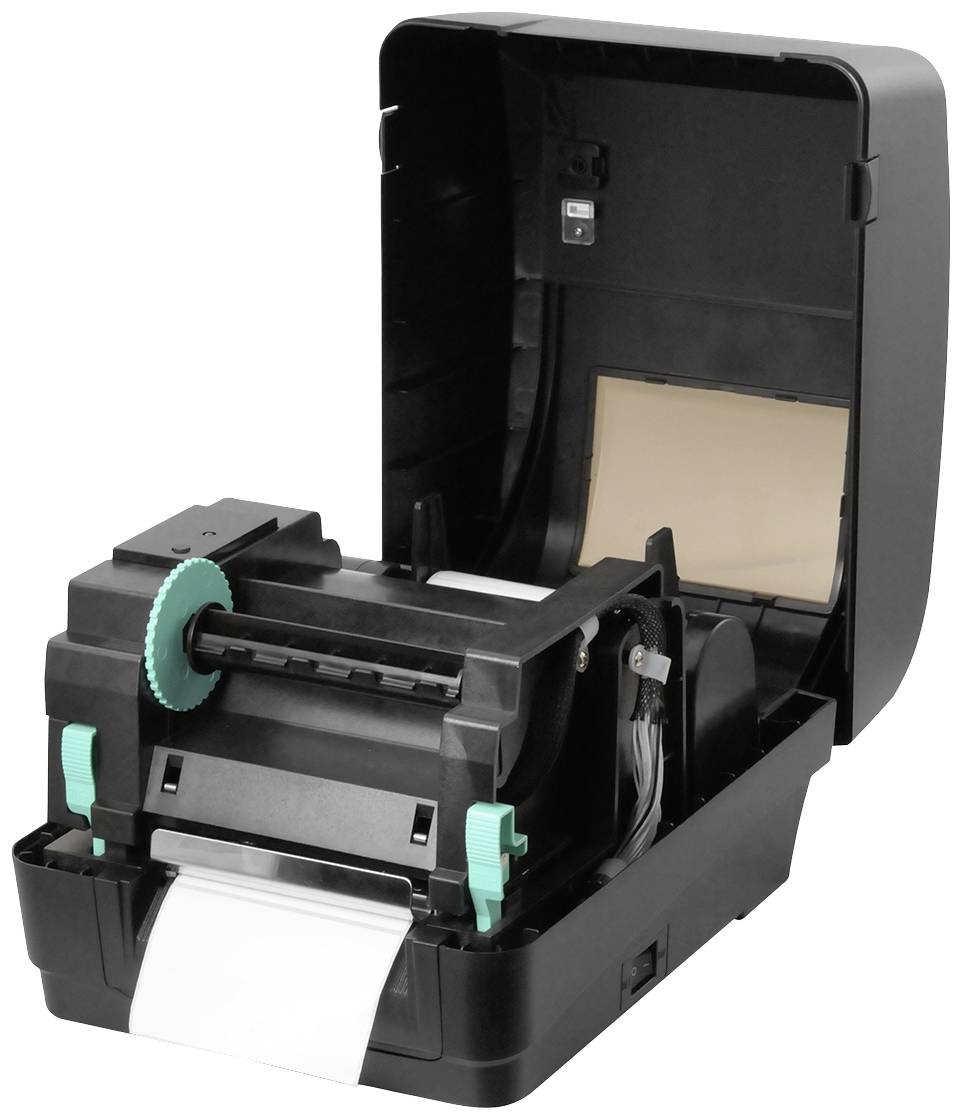 Stampante per etichette con involucro aperto, pronta per il cambio carta, con supporto per rotoli e comandi verdi visibili.